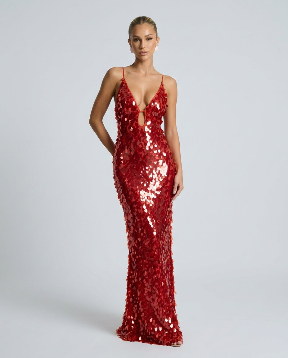 Kira Deep V Neck Sleeveless All Over Sequin Maxi Dress in Red