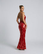 Kira Deep V Neck Sleeveless All Over Sequin Maxi Dress in Red