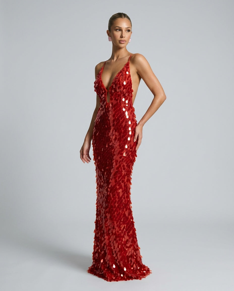 Kira Deep V Neck Sleeveless All Over Sequin Maxi Dress in Red