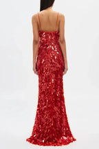 Kira Deep V Neck Sleeveless All Over Sequin Maxi Dress in Red