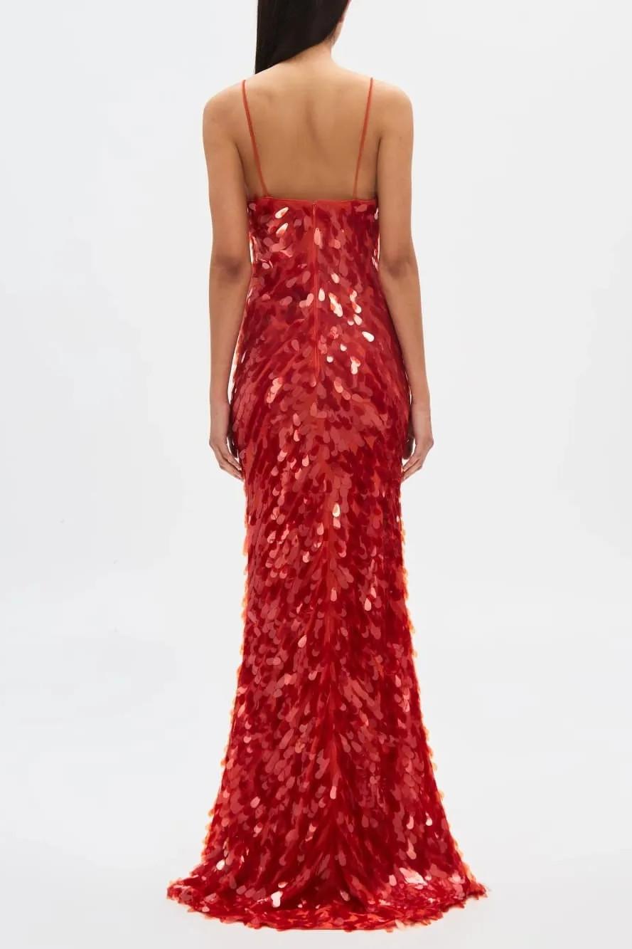 Kira Deep V Neck Sleeveless All Over Sequin Maxi Dress in Red