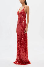 Kira Deep V Neck Sleeveless All Over Sequin Maxi Dress in Red