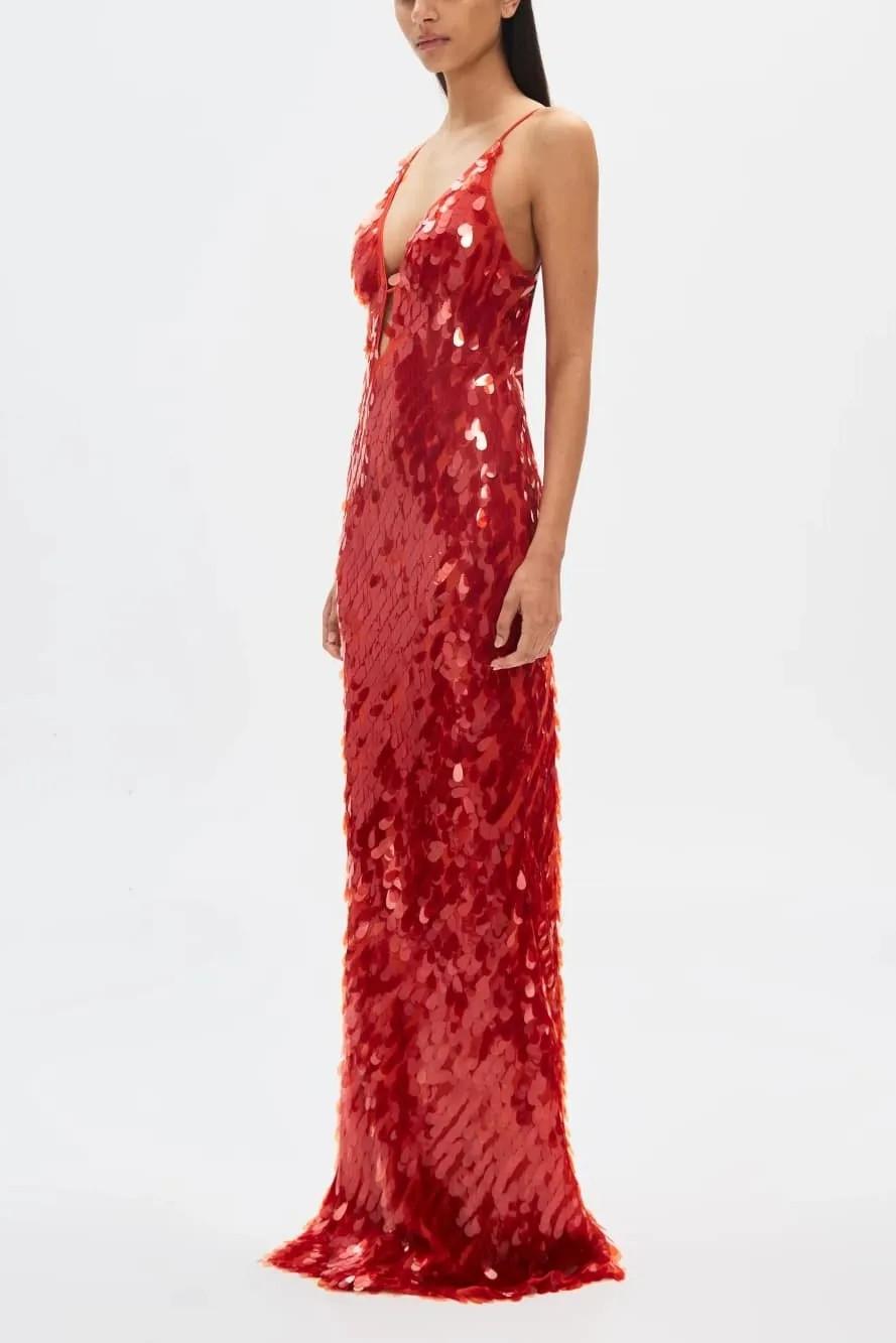 Kira Deep V Neck Sleeveless All Over Sequin Maxi Dress in Red