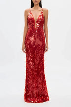 Kira Deep V Neck Sleeveless All Over Sequin Maxi Dress in Red