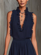 Kira Lace Panel Pleated Wide Leg Jumpsuit with Ruffle Trim in Navy