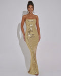 Lila Sequin Slip Maxi Dress with Lace Up Open Back in Gold in Gold
