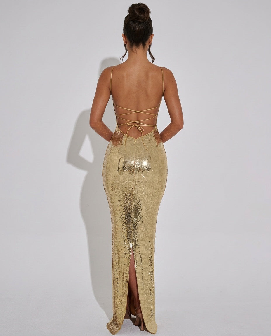Lila Sequin Slip Maxi Dress with Lace Up Open Back in Gold in Gold