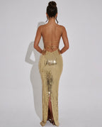 Lila Sequin Slip Maxi Dress with Lace Up Open Back in Gold in Gold
