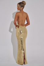 Lila Sequin Slip Maxi Dress with Lace Up Open Back in Gold in Gold