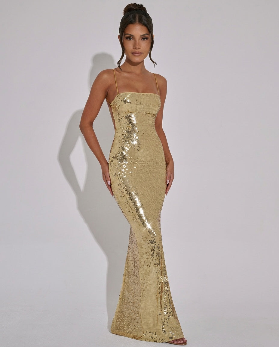 Lila Sequin Slip Maxi Dress with Lace Up Open Back in Gold in Gold