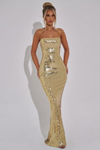 Lila Sequin Slip Maxi Dress with Lace Up Open Back in Gold in Gold