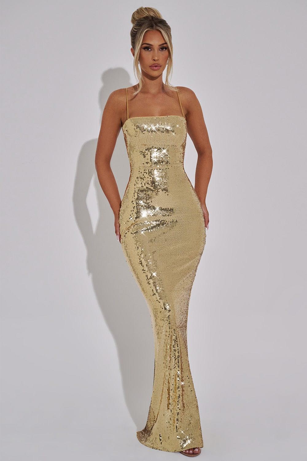Lila Sequin Slip Maxi Dress with Lace Up Open Back in Gold in Gold
