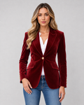 Lila Tailored Velvet Blazer with Single Button Front in Red