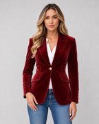 Lila Tailored Velvet Blazer with Single Button Front in Red