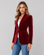 Lila Tailored Velvet Blazer with Single Button Front in Red