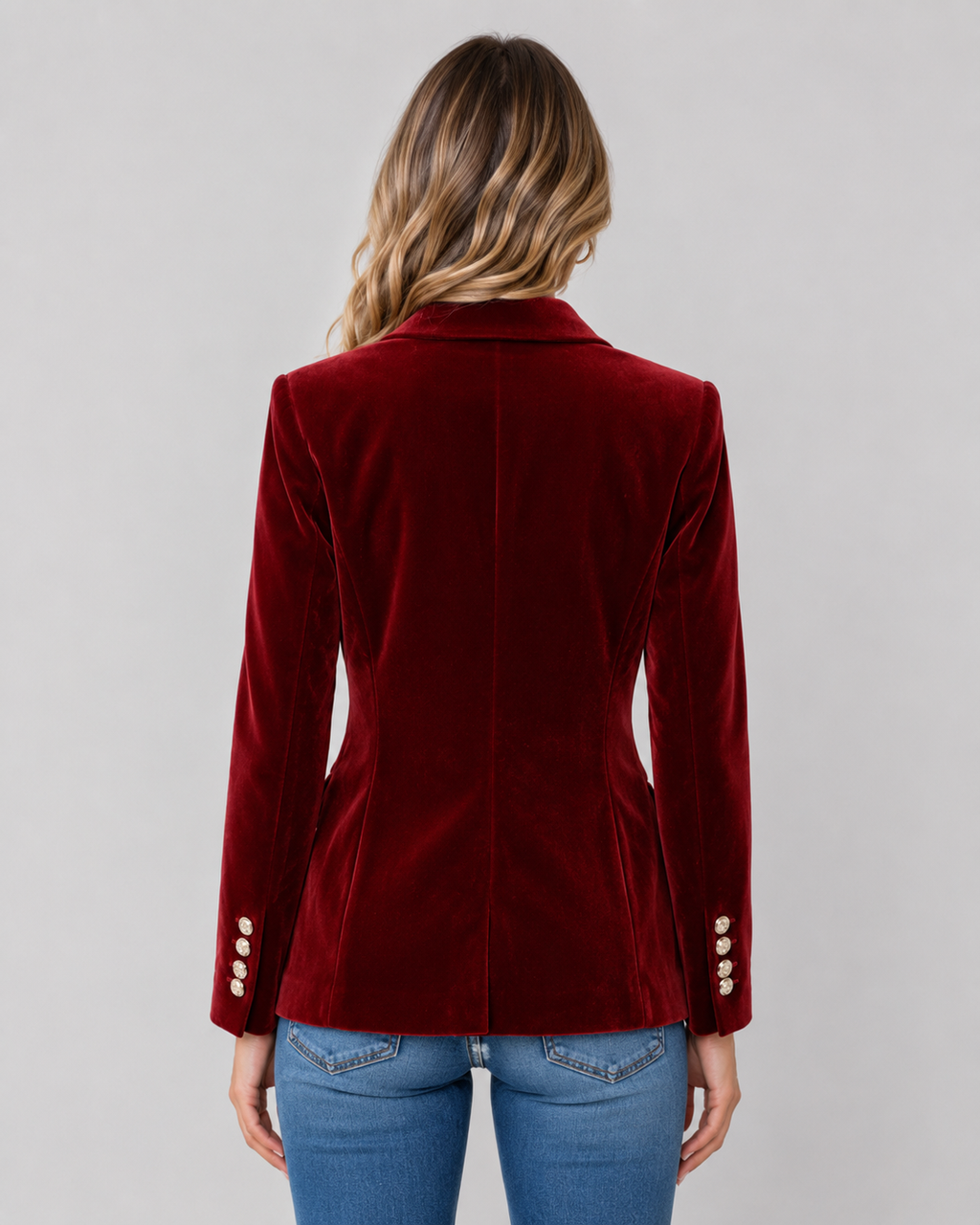 Lila Tailored Velvet Blazer with Single Button Front in Red