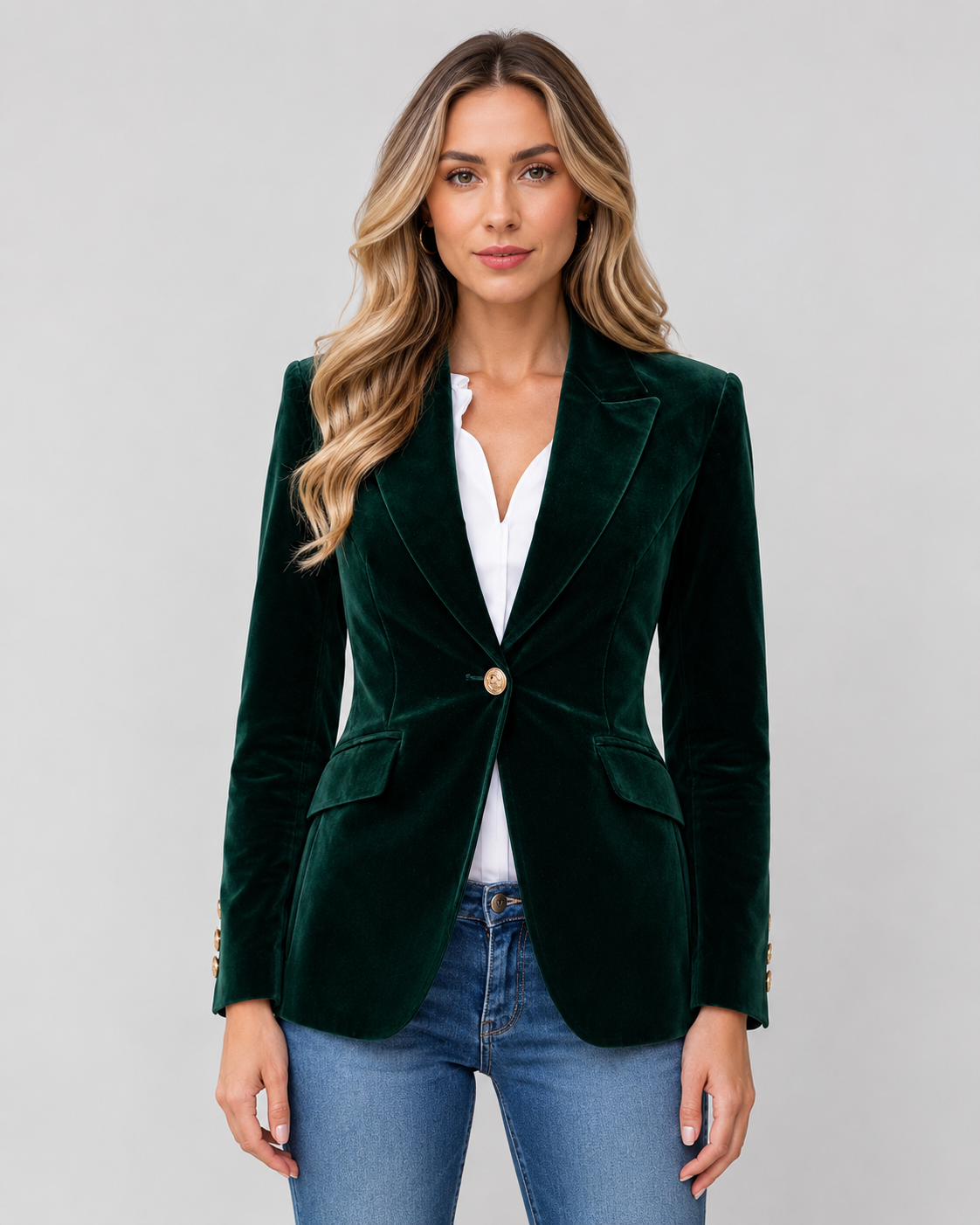 Lila Tailored Velvet Blazer with Single Button Front in Green