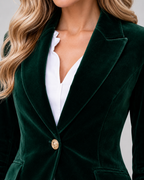 Lila Tailored Velvet Blazer with Single Button Front in Green