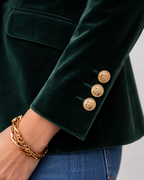 Lila Tailored Velvet Blazer with Single Button Front in Green