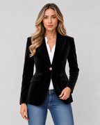 Lila Tailored Velvet Blazer with Single Button Front in Black