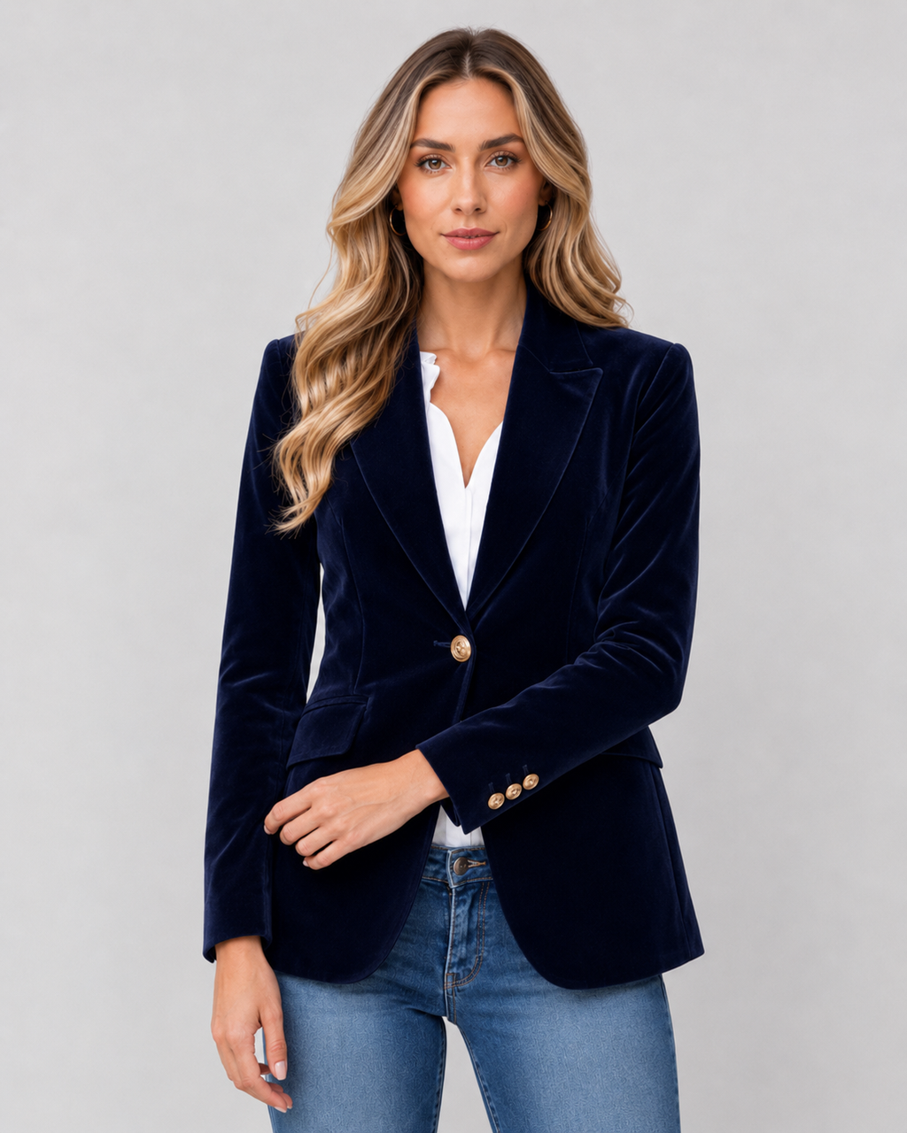 Lila Tailored Velvet Blazer with Single Button Front in Navy