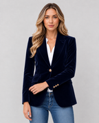 Lila Tailored Velvet Blazer with Single Button Front in Navy