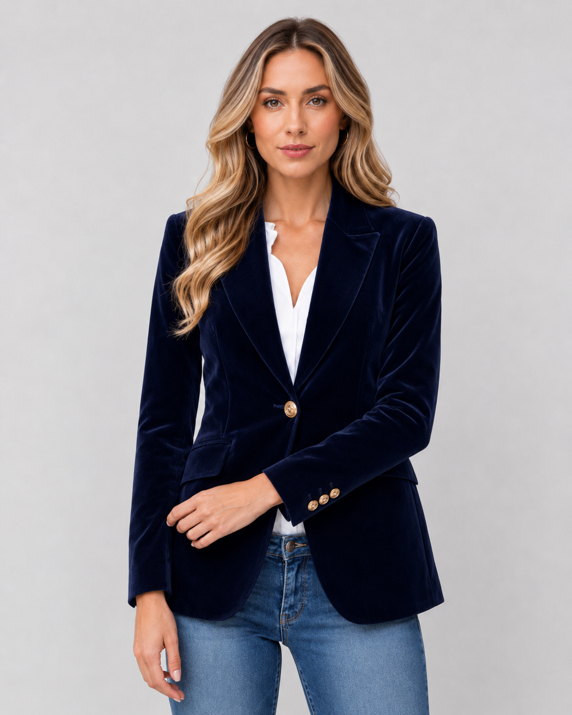 Lila Tailored Velvet Blazer with Single Button Front in Navy