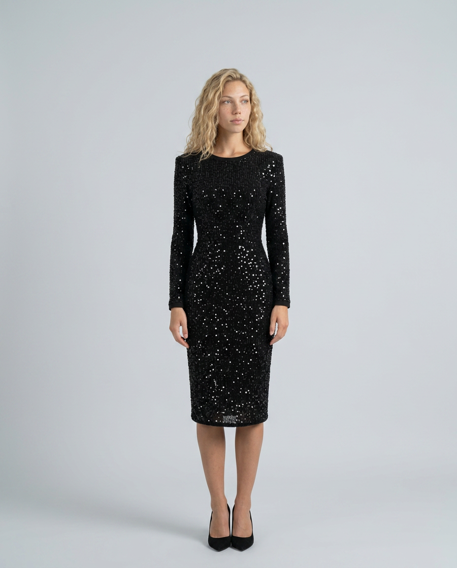 Lucia Long Sleeve All Over Sequin Midi Cocktail Dress in Black
