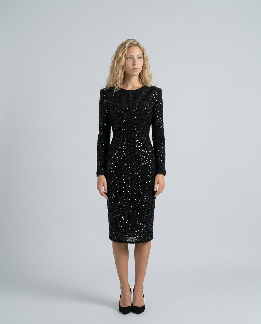 Lucia Long Sleeve All Over Sequin Midi Cocktail Dress