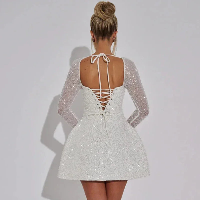 Lumina Long Sleeve All Over Sequin Mini Dress in White