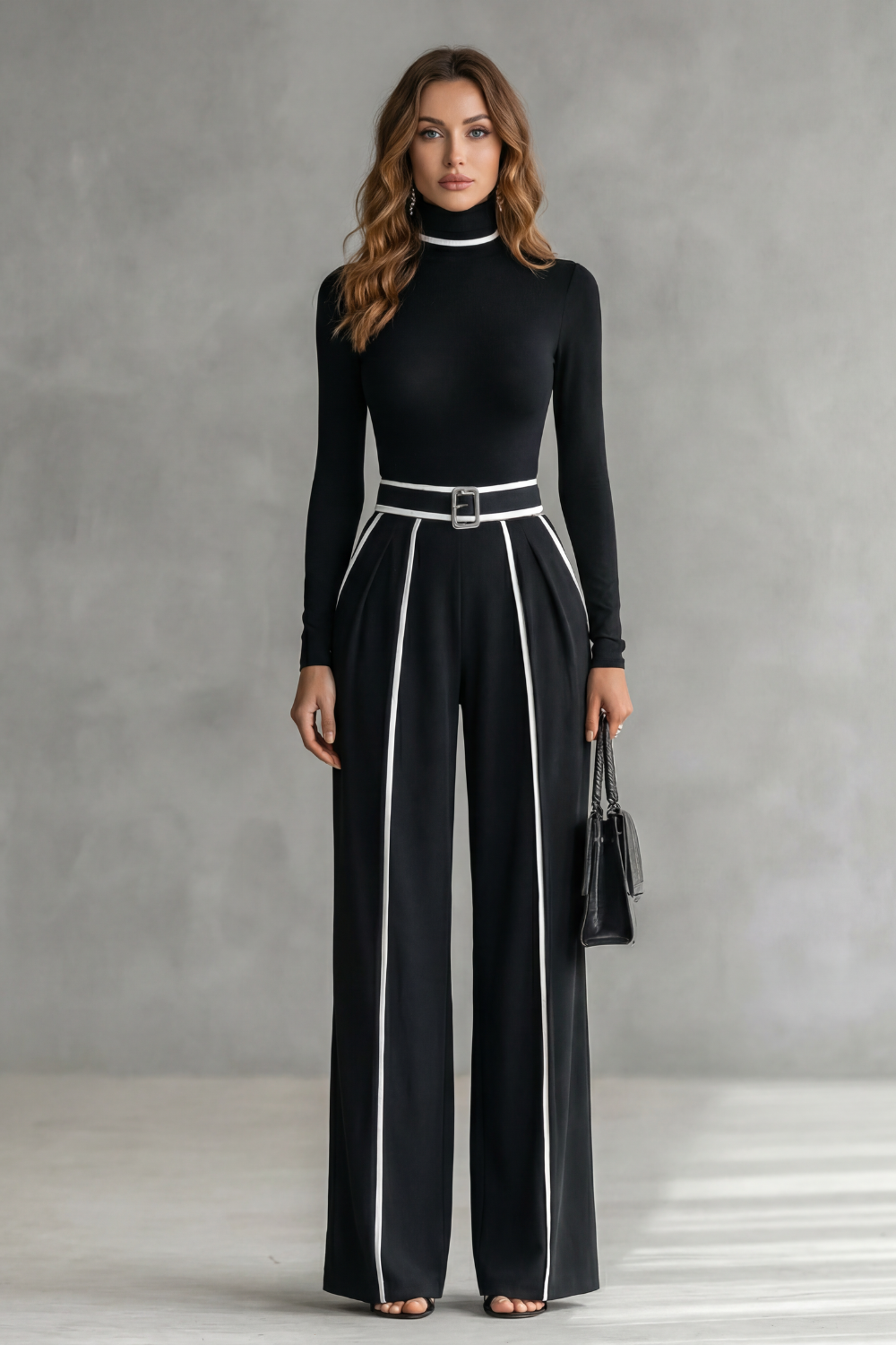 Lunivelle High Neck Contrast Piping Long Sleeve Jumpsuit in Black