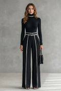 Lunivelle High Neck Contrast Piping Long Sleeve Jumpsuit in Black