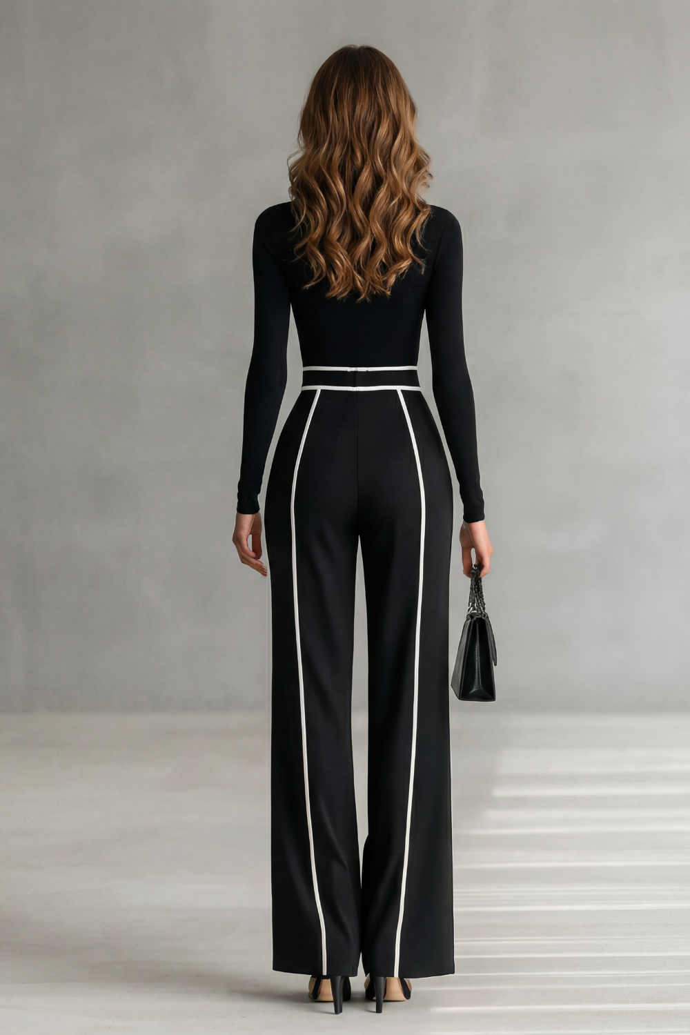Lunivelle High Neck Contrast Piping Long Sleeve Jumpsuit in Black