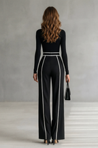 Lunivelle High Neck Contrast Piping Long Sleeve Jumpsuit in Black