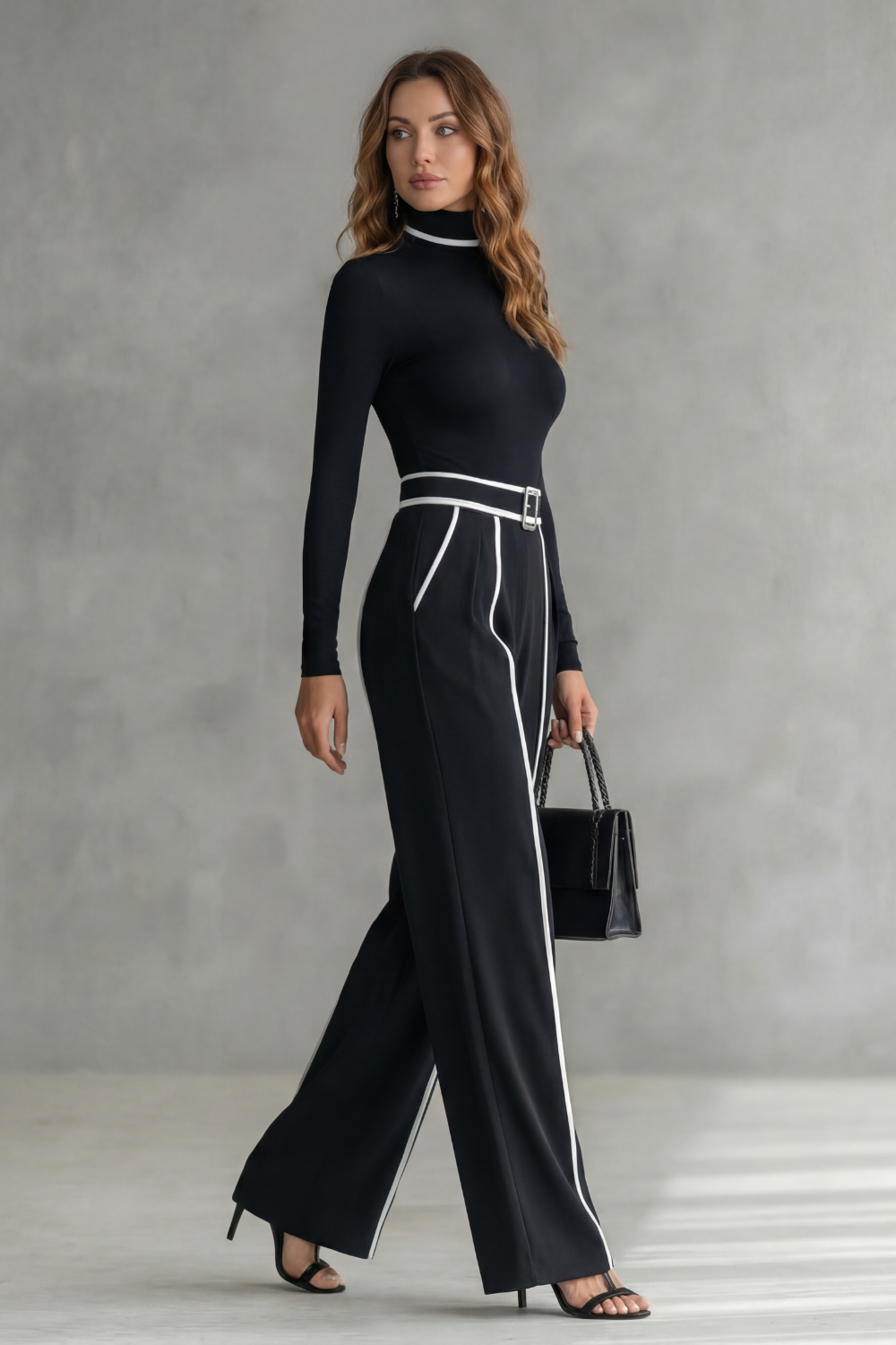 Lunivelle High Neck Contrast Piping Long Sleeve Jumpsuit in Black
