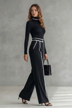 Lunivelle High Neck Contrast Piping Long Sleeve Jumpsuit in Black