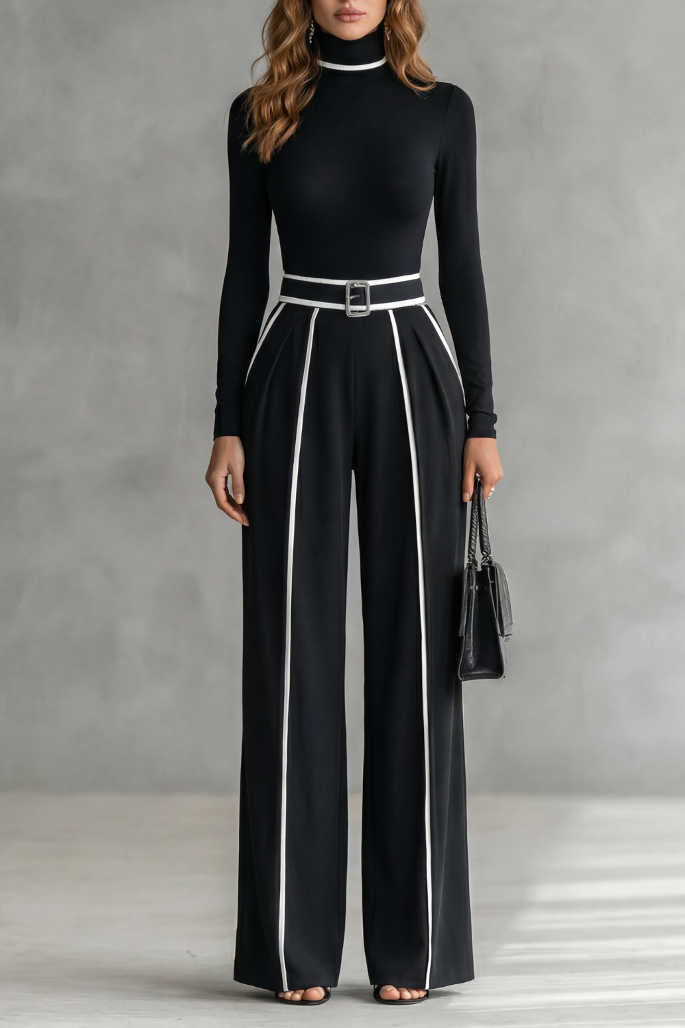 Lunivelle High Neck Contrast Piping Long Sleeve Jumpsuit in Black