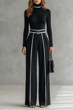 Lunivelle High Neck Contrast Piping Long Sleeve Jumpsuit in Black