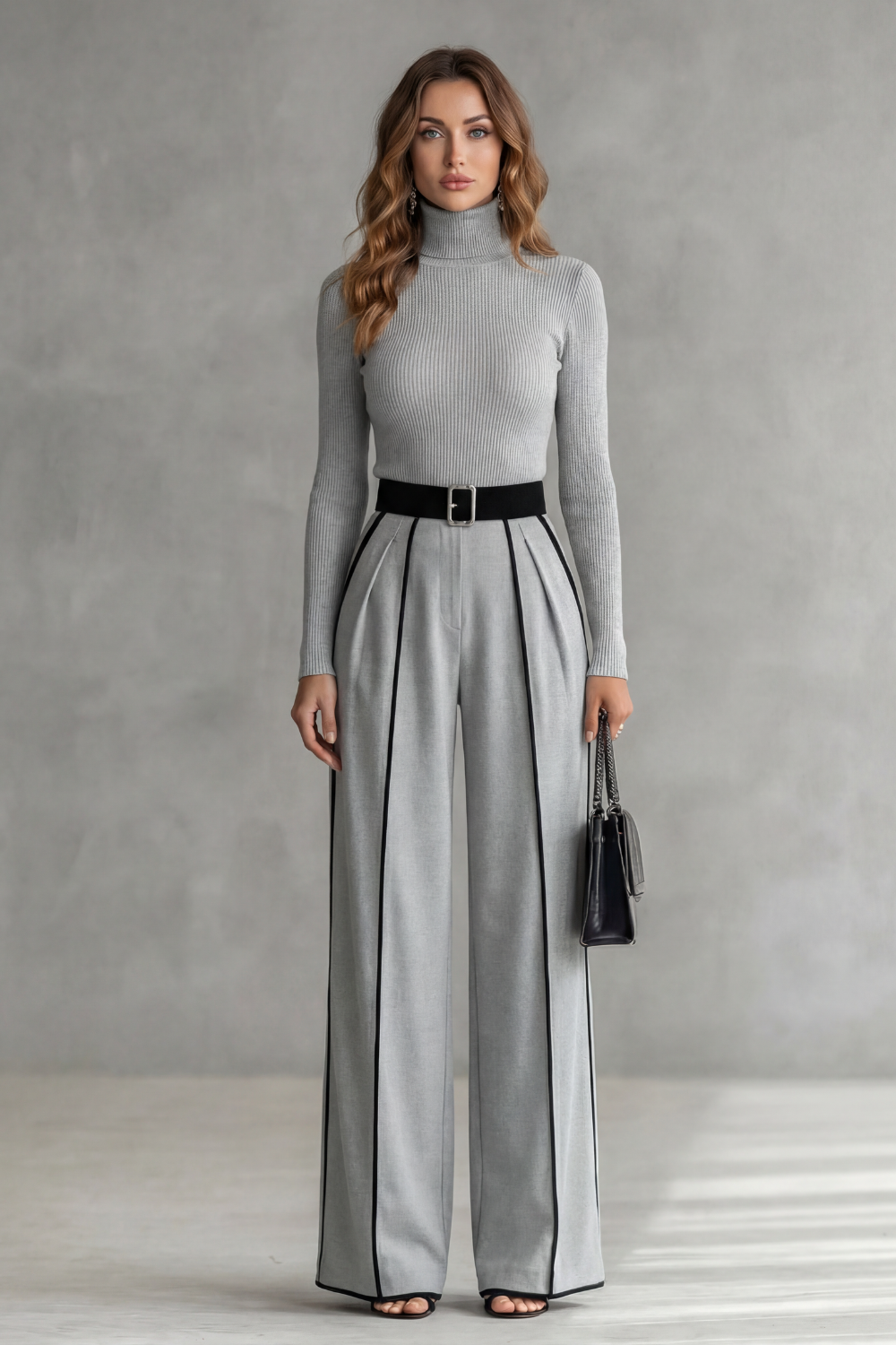 Lunivelle High Neck Contrast Piping Long Sleeve Jumpsuit in Gray