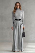 Lunivelle High Neck Contrast Piping Long Sleeve Jumpsuit in Gray