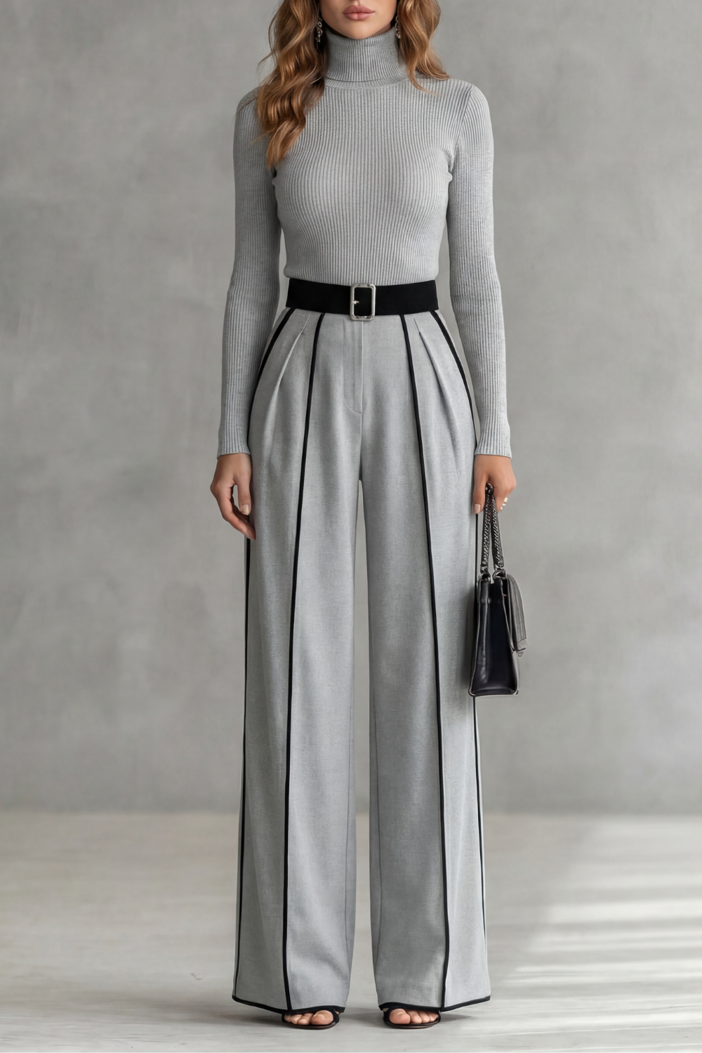 Lunivelle High Neck Contrast Piping Long Sleeve Jumpsuit in Gray