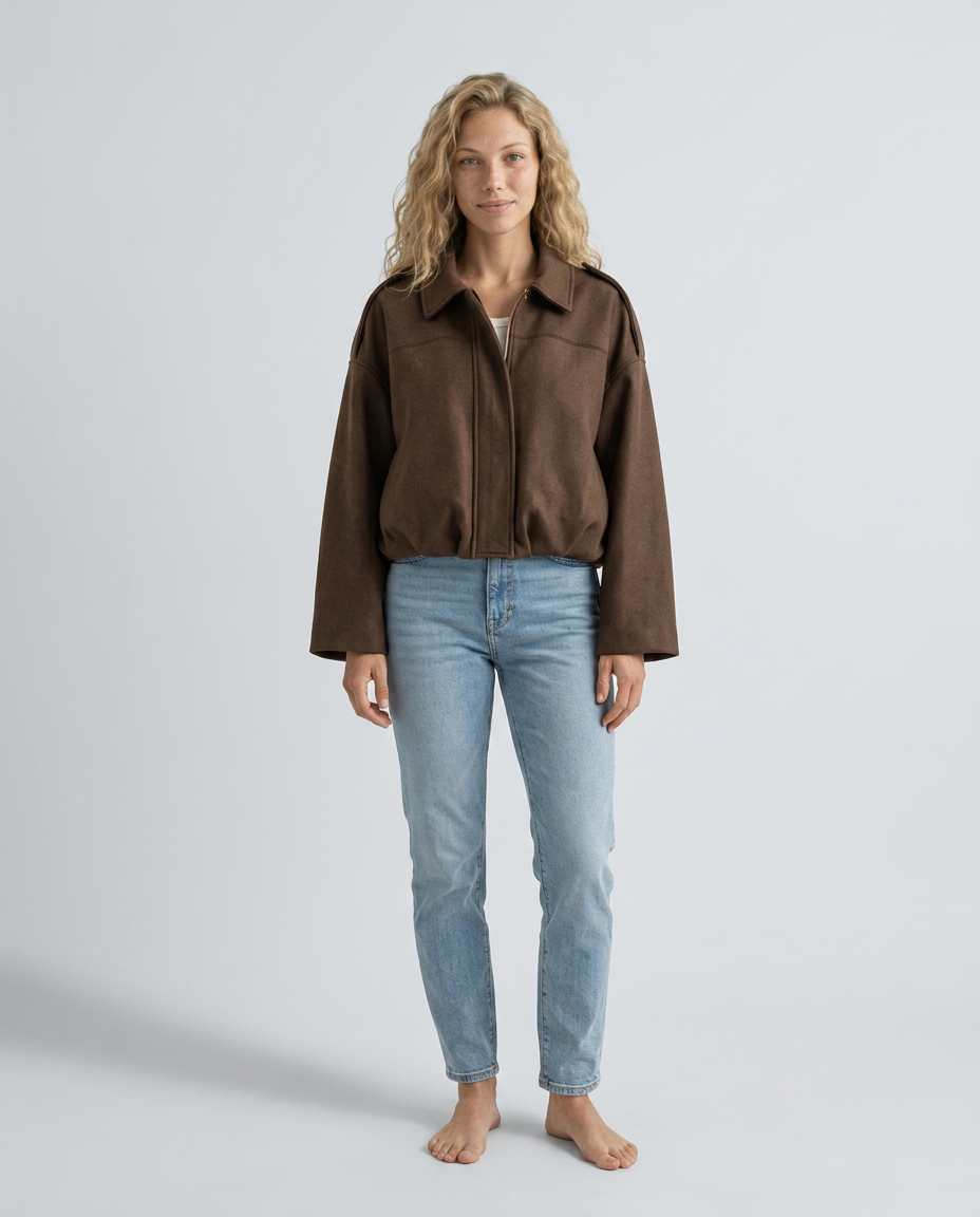 Mabel Collared Faux Suede Bomber Jacket with Ribbed Trims in Brown