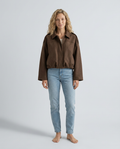 Mabel Collared Faux Suede Bomber Jacket with Ribbed Trims in Brown