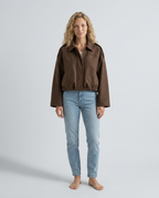 Mabel Collared Faux Suede Bomber Jacket with Ribbed Trims in Brown