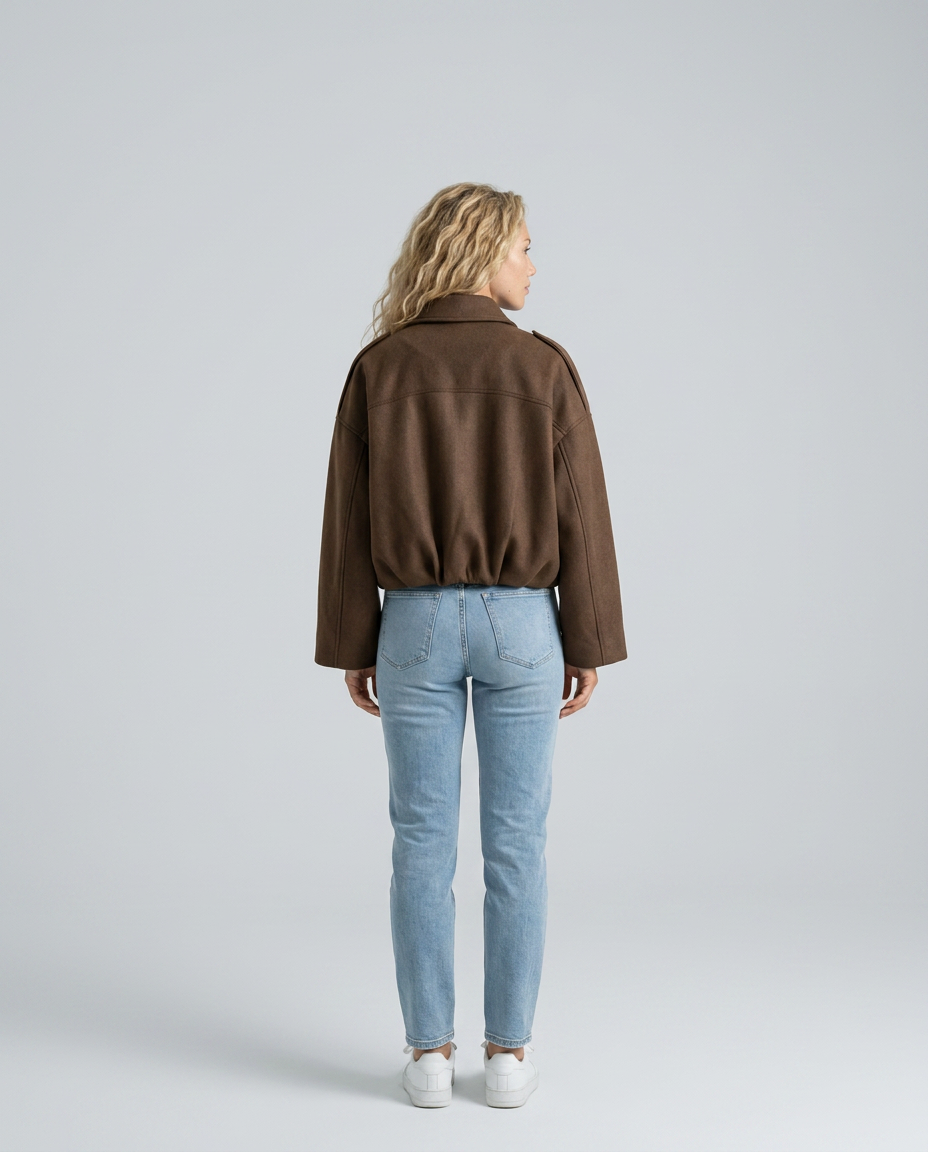 Mabel Collared Faux Suede Bomber Jacket with Ribbed Trims in Brown