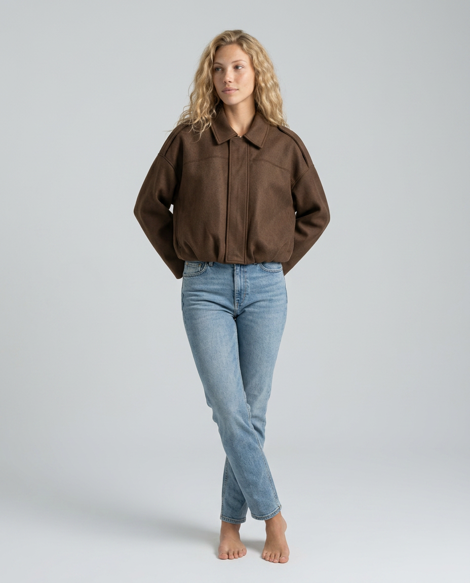 Mabel Collared Faux Suede Bomber Jacket with Ribbed Trims in Brown