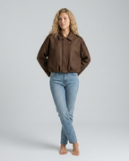 Mabel Collared Faux Suede Bomber Jacket with Ribbed Trims in Brown