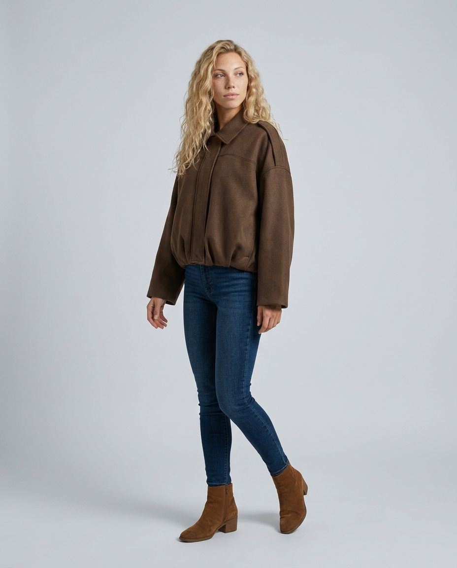 Mabel Collared Faux Suede Bomber Jacket with Ribbed Trims in Brown