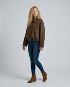 Mabel Collared Faux Suede Bomber Jacket with Ribbed Trims in Brown