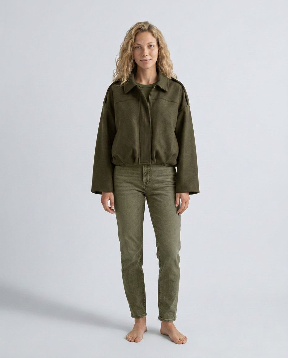 Mabel Collared Faux Suede Bomber Jacket with Ribbed Trims in Green